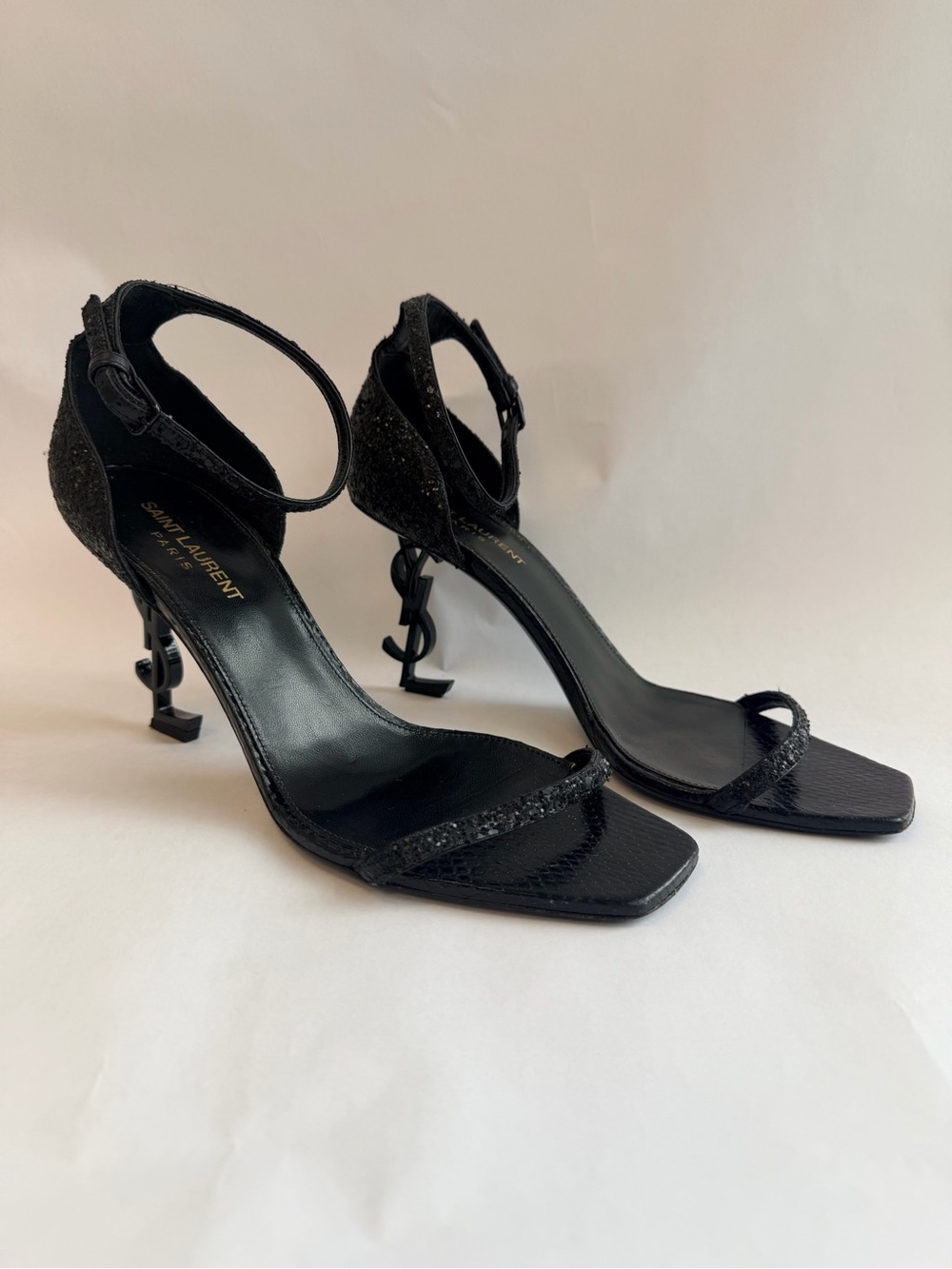 Saint Laurent Opyum Ankle Strap Sandals YSL Monogram Heel Black Glitter 39